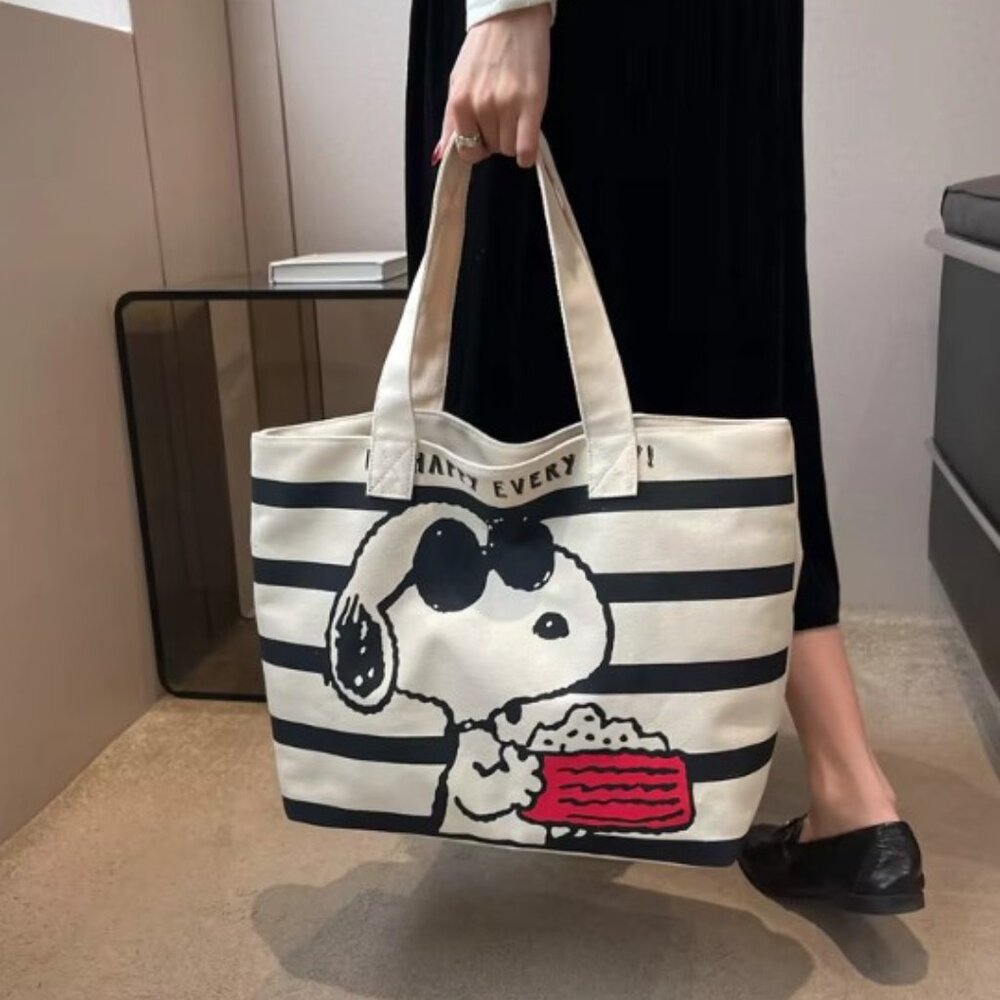 Snoopy Canvas Tote Bag Striped Shopping Bag 16x11 Reusable Carryall - Picture 3 of 5